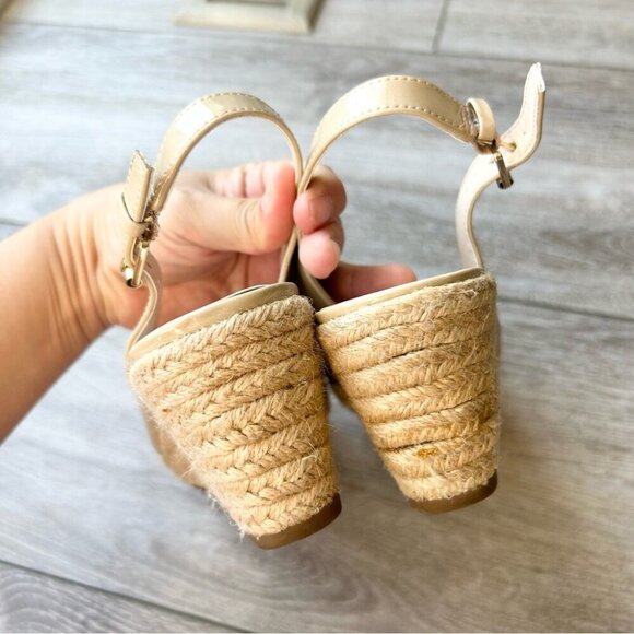 Franco Sarto Beige Vegan Patent Leather Slingback Peep Toe Wedge Esapdrille - Picture 8 of 14